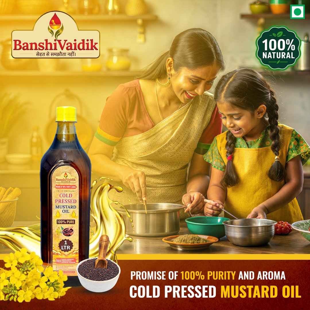 BanshiVaidik Cold Pressed Mustard Oil (1 L) | 100% Pure Kachi Ghani | Omega-3 Rich | FSSAI Certified