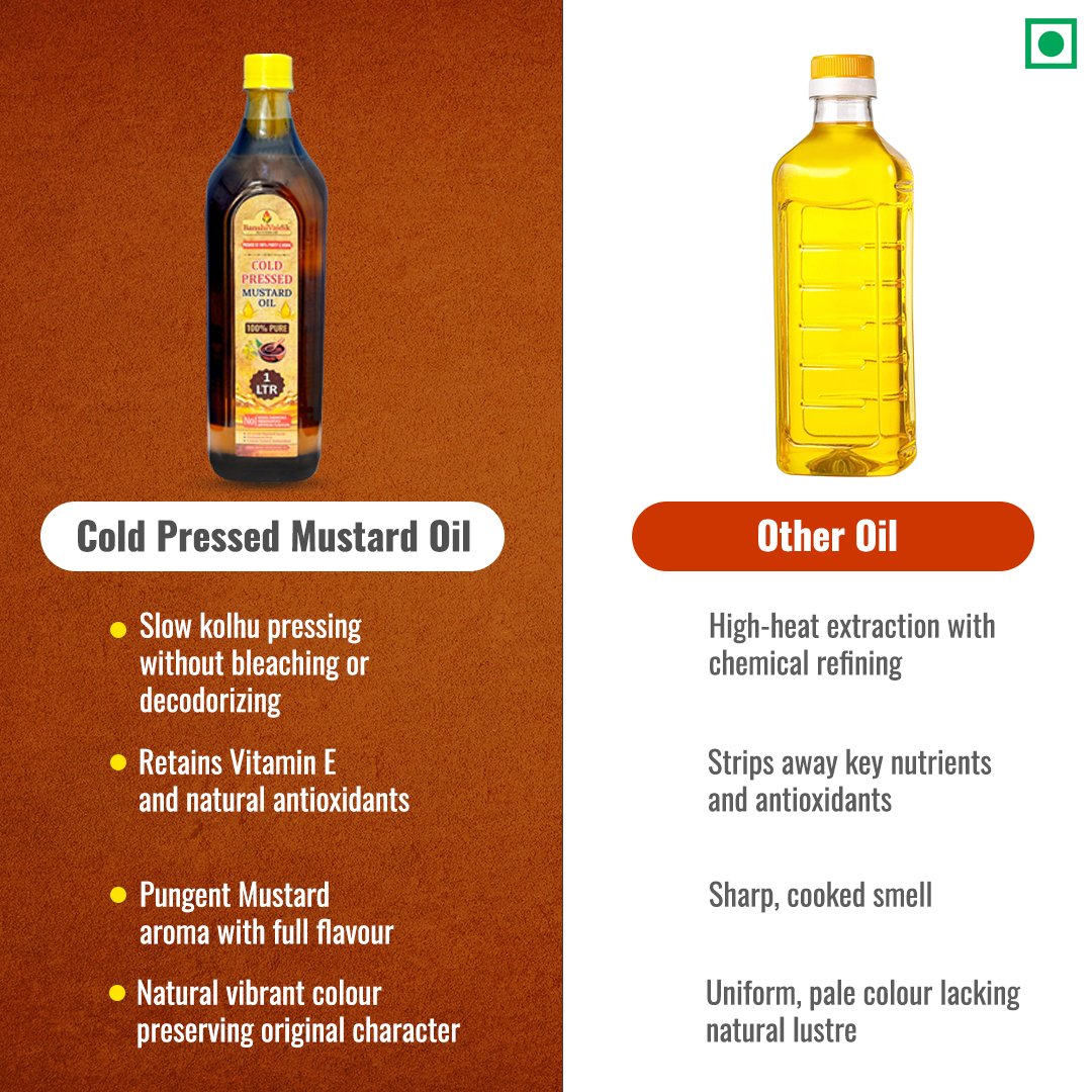 BanshiVaidik Cold Pressed Mustard Oil (1 L) | 100% Pure Kachi Ghani | Omega-3 Rich | FSSAI Certified