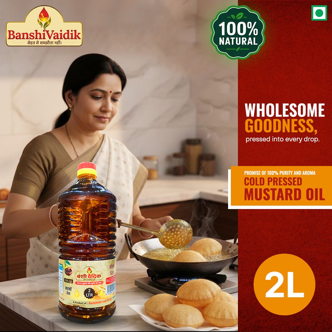 BanshiVaidik Cold Pressed Mustard Oil (2 L) | 100% Pure Kachi Ghani | Family Pack | FSSAI Certified
