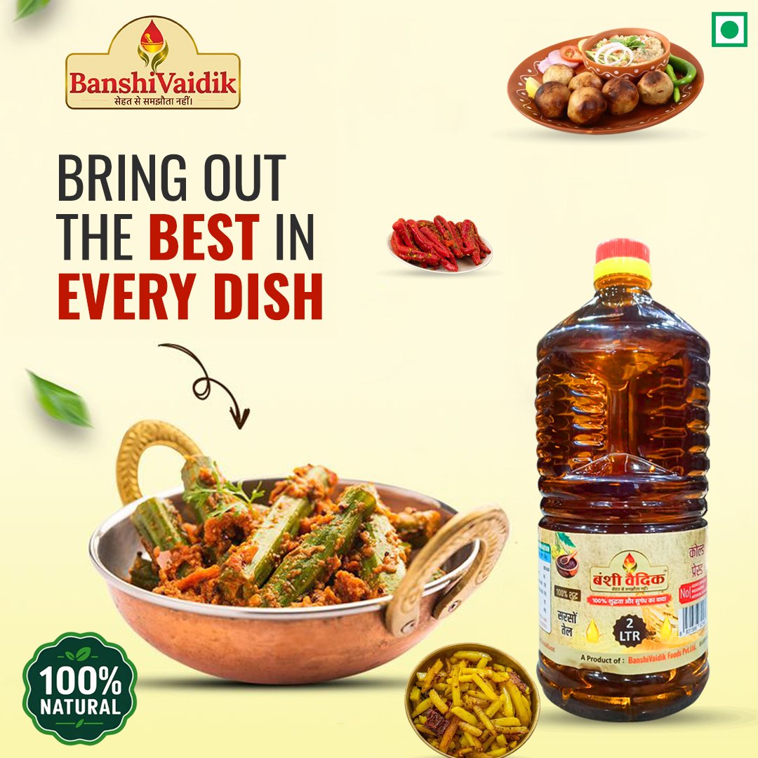 BanshiVaidik Cold Pressed Mustard Oil (2 L) | 100% Pure Kachi Ghani | Family Pack | FSSAI Certified