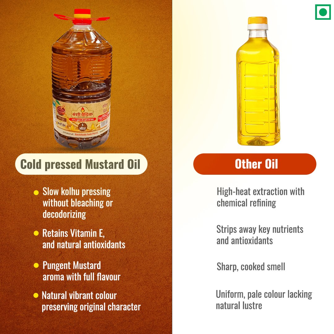 BanshiVaidik Cold Pressed Mustard Oil (5 L) | 100% Pure Kachi Ghani | Bulk Pack | FSSAI Certified