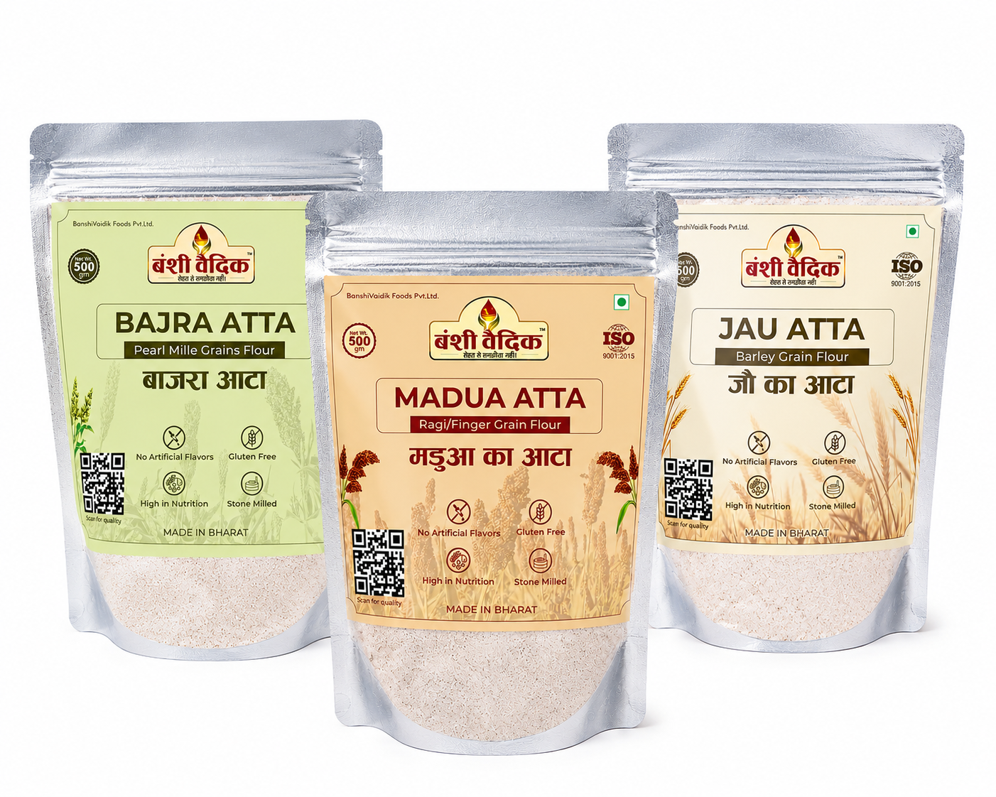 Banshi Vaidik Millet Atta Combo Pack 1.5kg Bajra Atta Jau Atta Ragi Flour 500g Each Stone Ground Multigrain Flour High Fiber Traditional Millet Flour for Roti Chapati and Daily Cooking