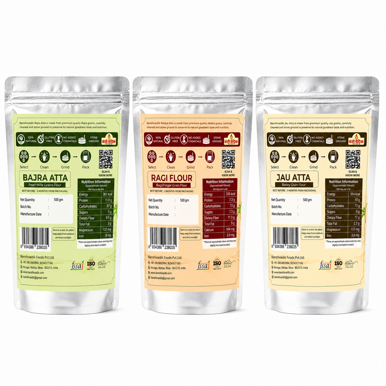 Banshi Vaidik Millet Atta Combo Pack 1.5kg Bajra Atta Jau Atta Ragi Flour 500g Each Stone Ground Multigrain Flour High Fiber Traditional Millet Flour for Roti Chapati and Daily Cooking