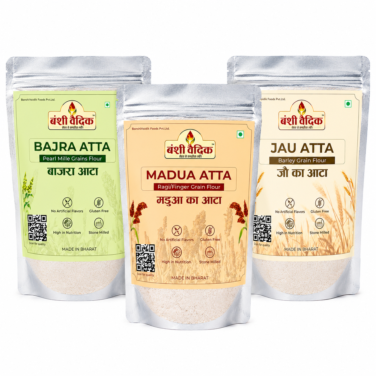 Banshi Vaidik Millet Atta Combo Pack 1.5kg Bajra Atta Jau Atta Ragi Flour 500g Each Stone Ground Multigrain Flour High Fiber Traditional Millet Flour for Roti Chapati and Daily Cooking